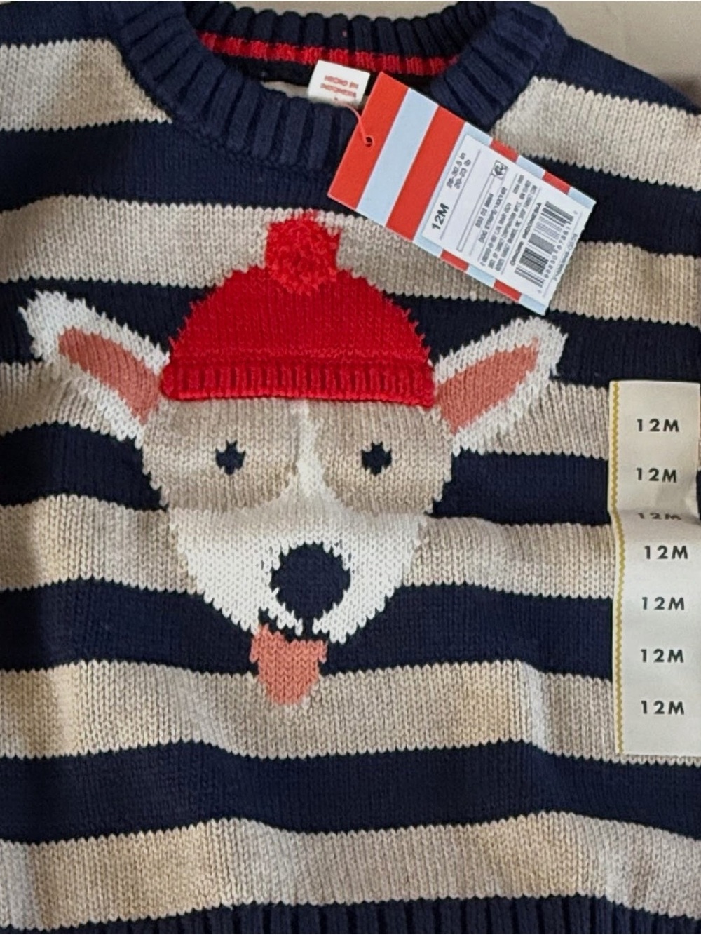 Carter's Navy Cream Striped Sweater with Dog Face and Red Hat